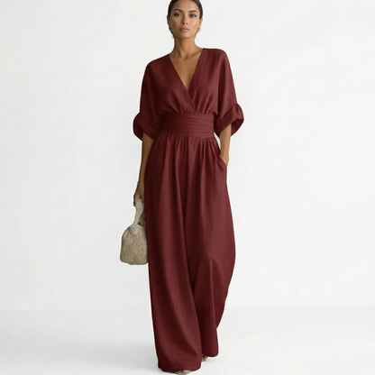 Esperanza | Mono Largo de Lino para Mujer con Escote en V y Cinturón, Corte Elegante